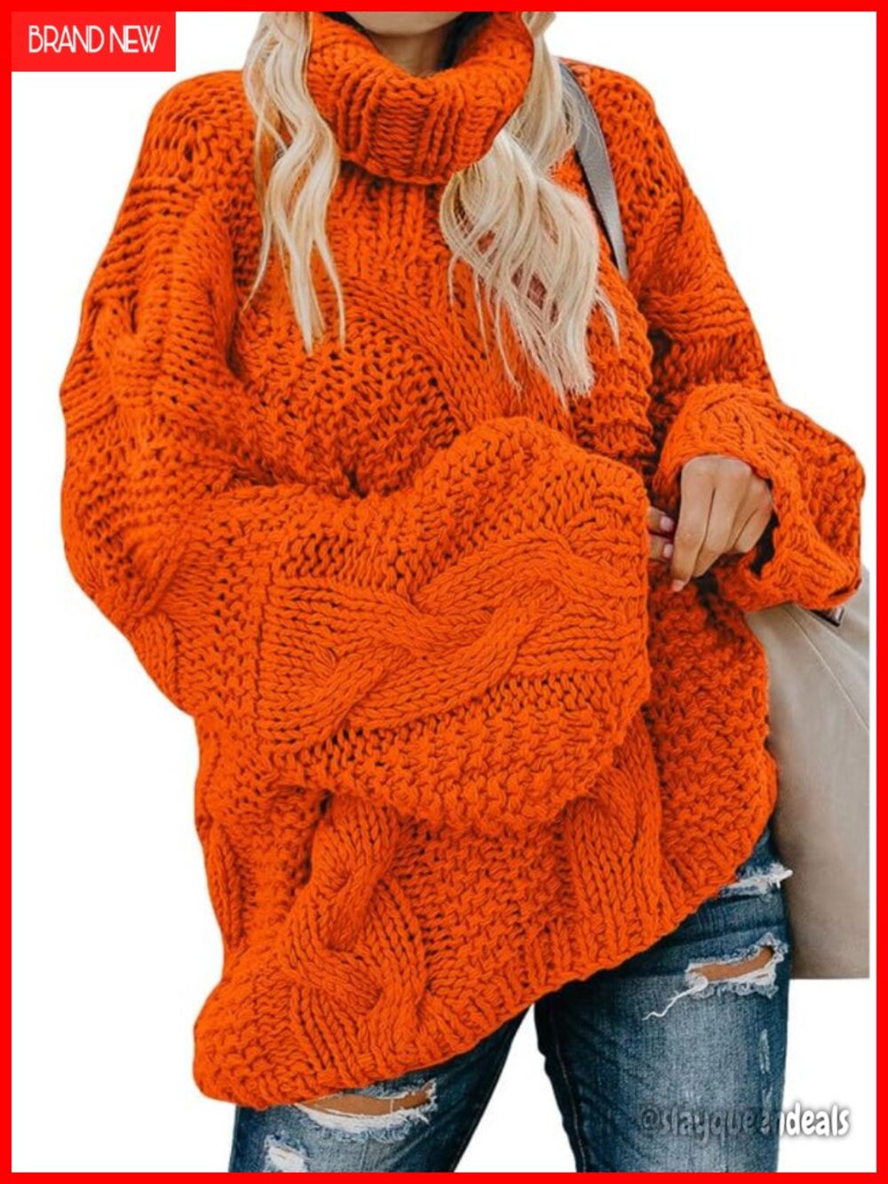 Chunky Cable Knit Turtleneck Pullover Sweater Loose Casual Cozy